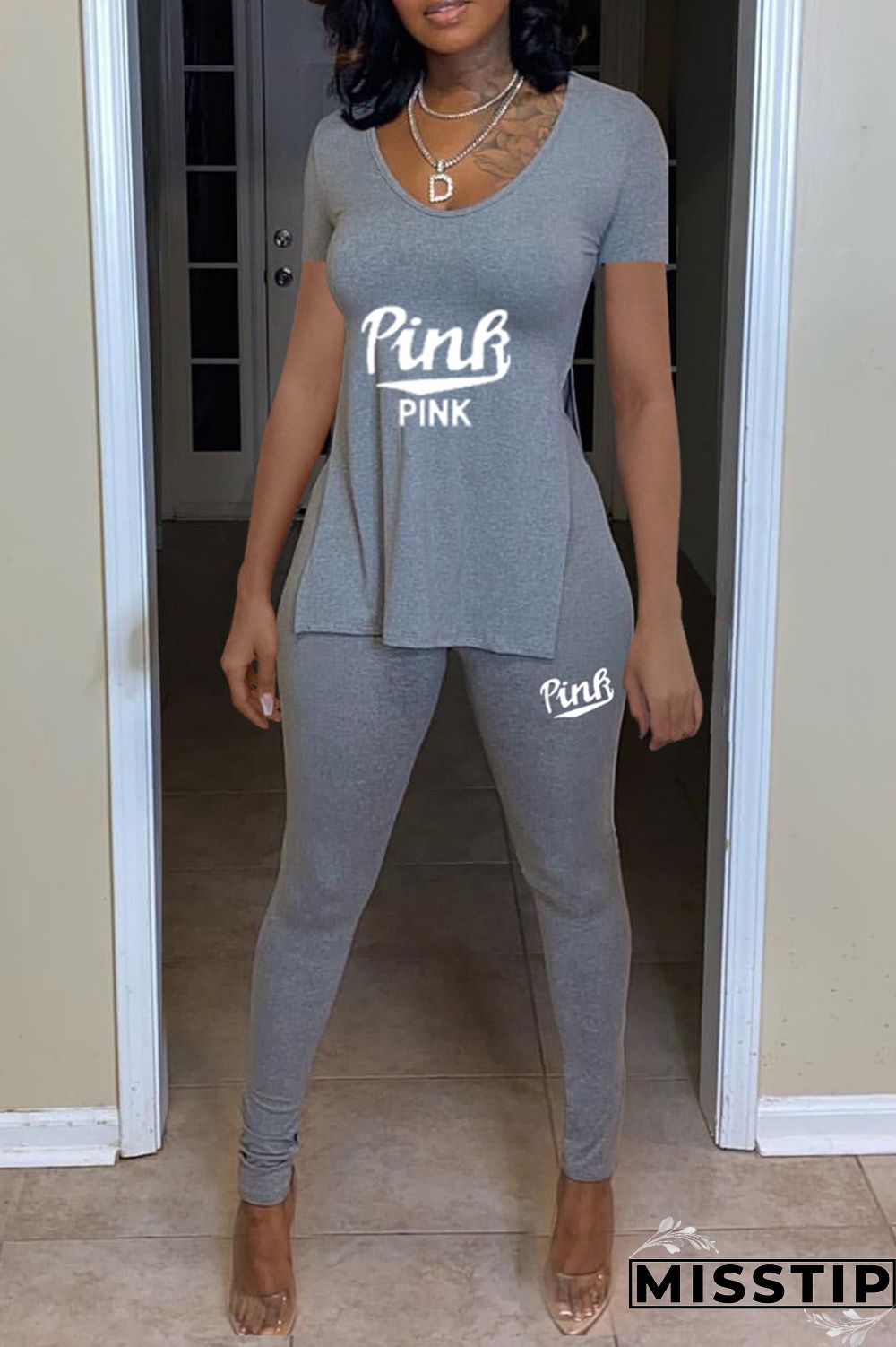 Peacock Blue Fashion Casual Letter Print Slit O Neck Short Sleeve Two Pieces