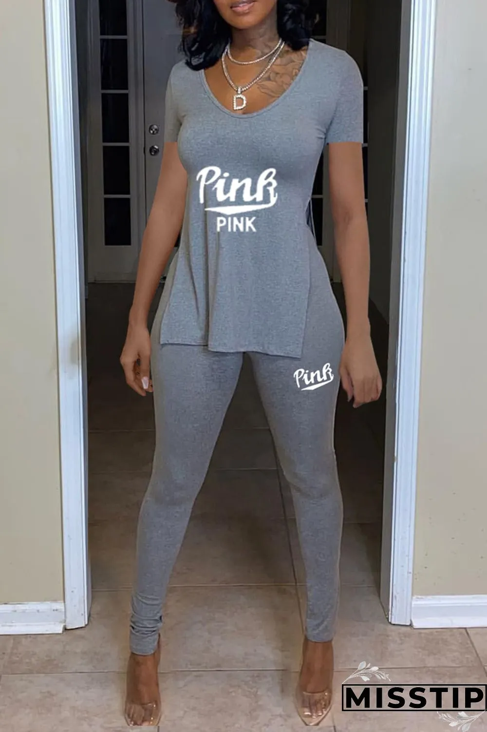 Peacock Blue Fashion Casual Letter Print Slit O Neck Short Sleeve Two Pieces