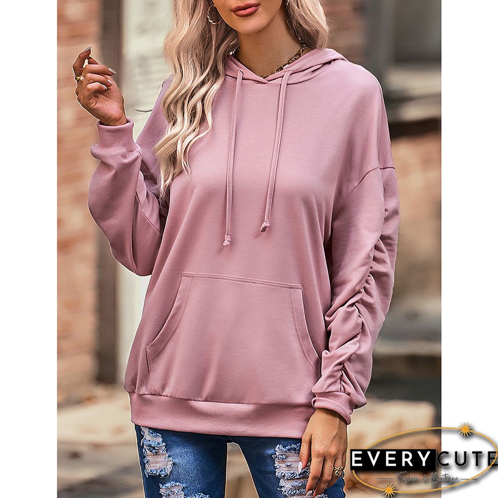Pink Pleated Sleeve Drop Shoulder Kangroo Hoodie