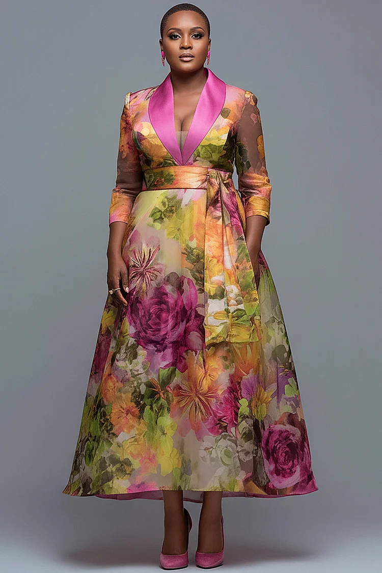 Xpluswear Design Plus Size Mother Of The Bride Multicolor Floral Turndown Collar 3/4 Sleeve Contrast Organza Maxi Dresses [Pre-Order] 2024 - Xpluswear