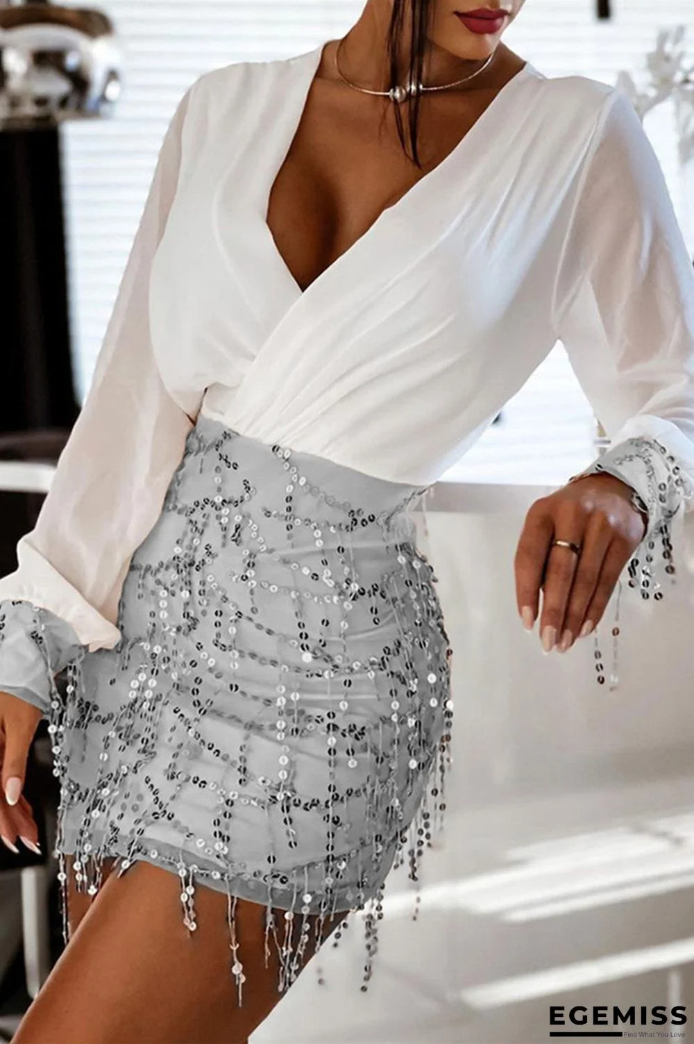 Grey Fashion Sexy Patchwork Sequins V Neck Long Sleeve Dresses | EGEMISS