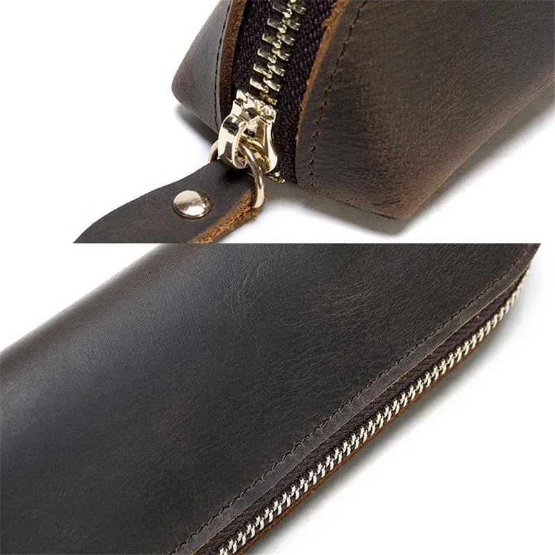 Genuine Leather Zippered Main Compartment Mobile Office Pencil USB Pouch Protection Bag