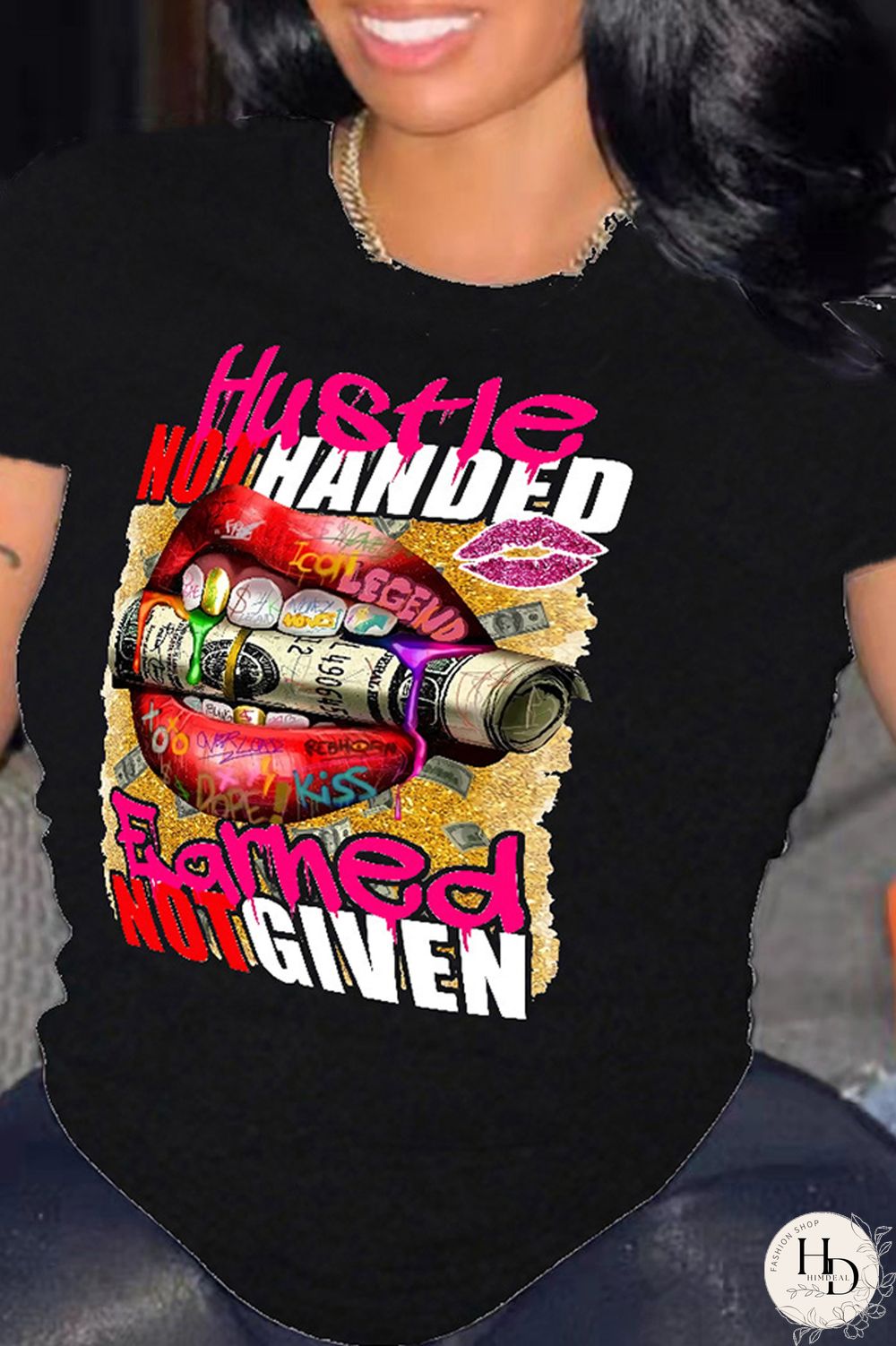 Black Fashion Casual Print Basic O Neck T-Shirts