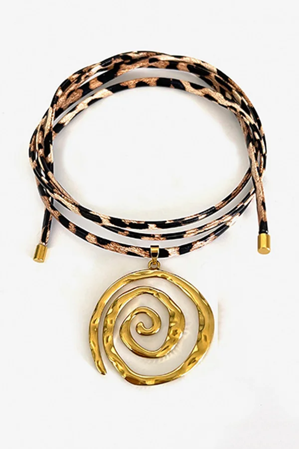 Stylish Leopard Print Leather Cord Spiral Stainless Steel Necklace
