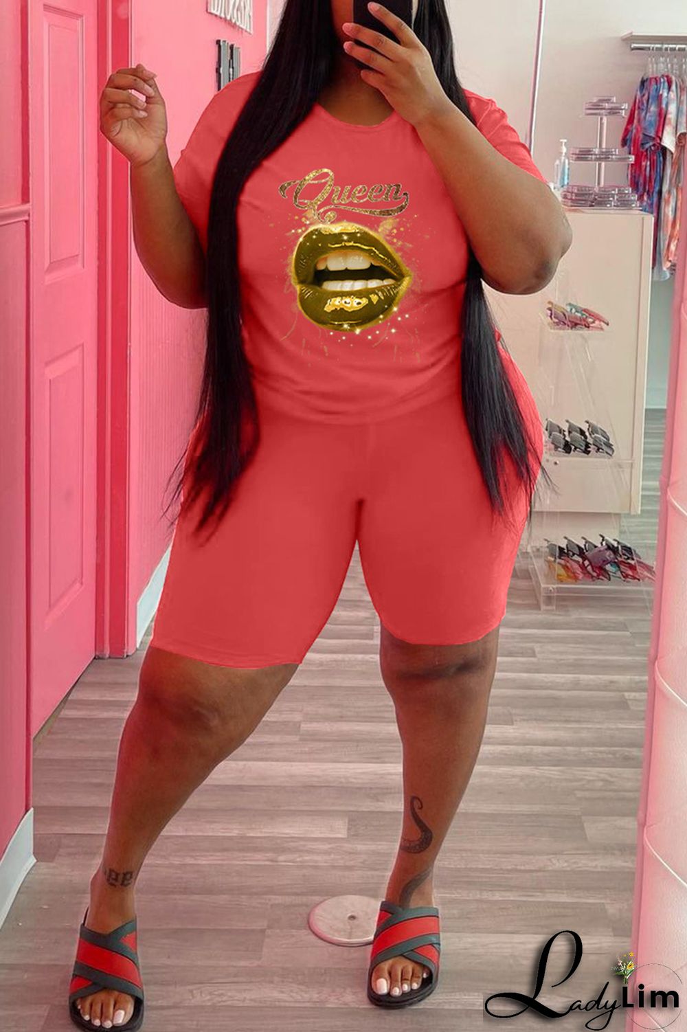 Black Fashion Casual Lips Printed Basic O Neck Plus Size Two Pieces