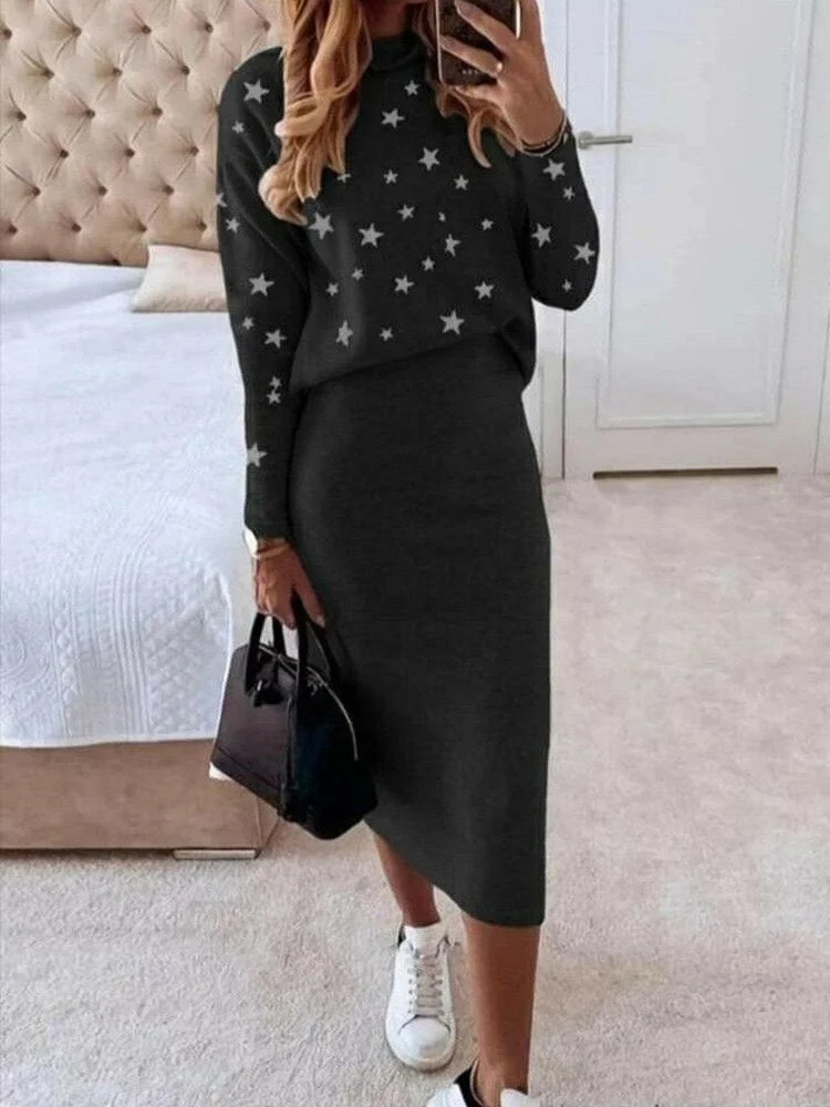 Women Elegant Two Piece Set Skirts Sets Autumn Casual O Neck Printing Long-sleeved Pullover Sweatshirt and Bodycon Skirt Outfits