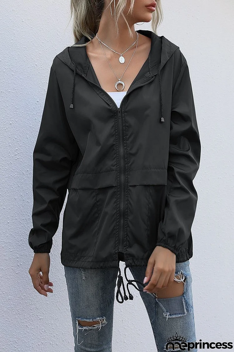 Casual Solid Zipper Hooded Collar Outerwear