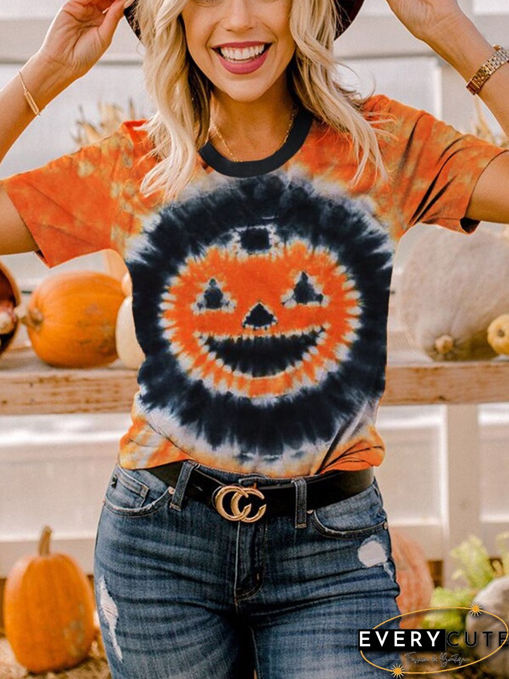 Women's Fashion Pumpkin Tie-Dye Printed Short Sleeve T-shirt