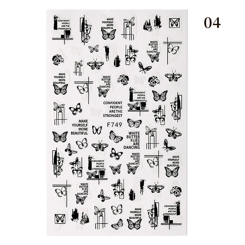 1PC Black Rose Flower Leaves 3D Nail Stickers Colorful Lines Waves Alphabet Sticker Slider Nail Art Decoration For Manicuring