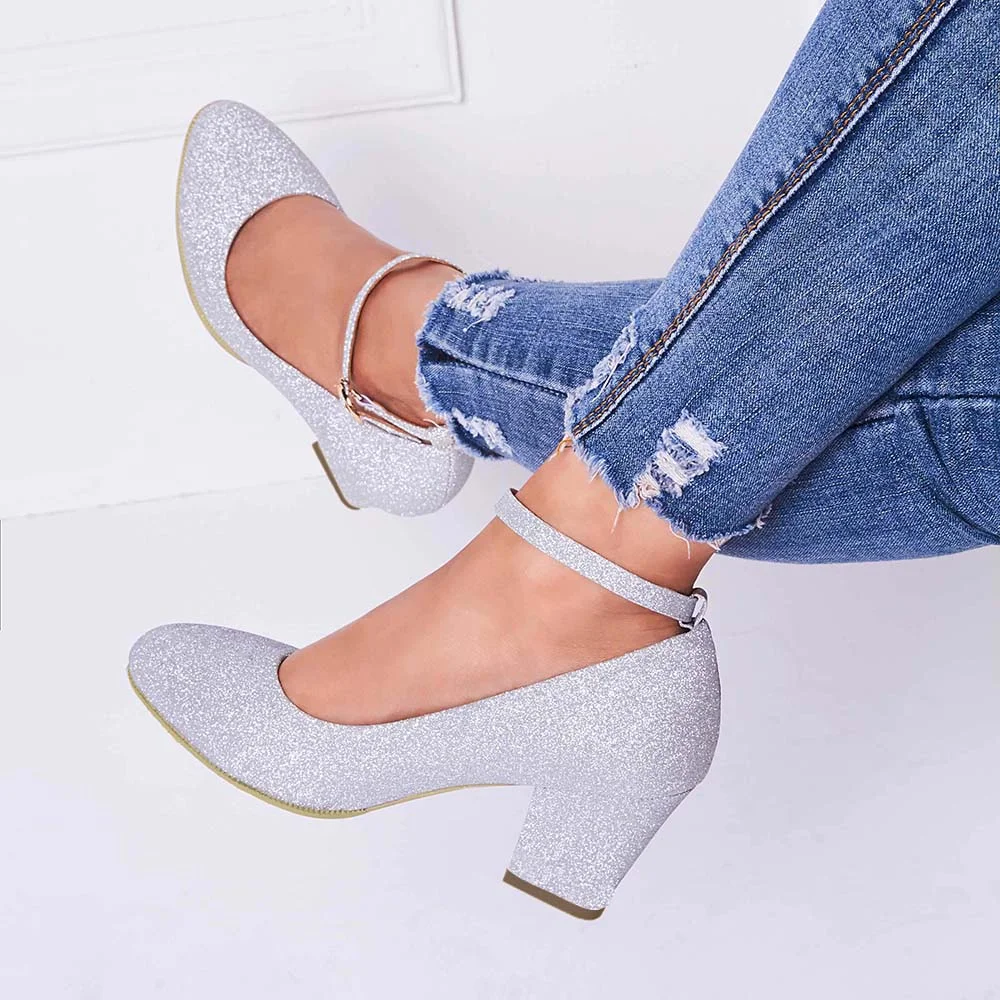 Women Sexy Pointed Toe Silver Glitter Pumps Chunky Heel Ankle Strap Pumps Nicepairs