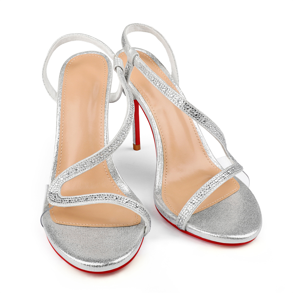 100mm Women's  Red Bottom  Sandals Stiletto Spotlight Wavy Straps High Heels Ankle Strap Studs Shoes-MERUMOTE