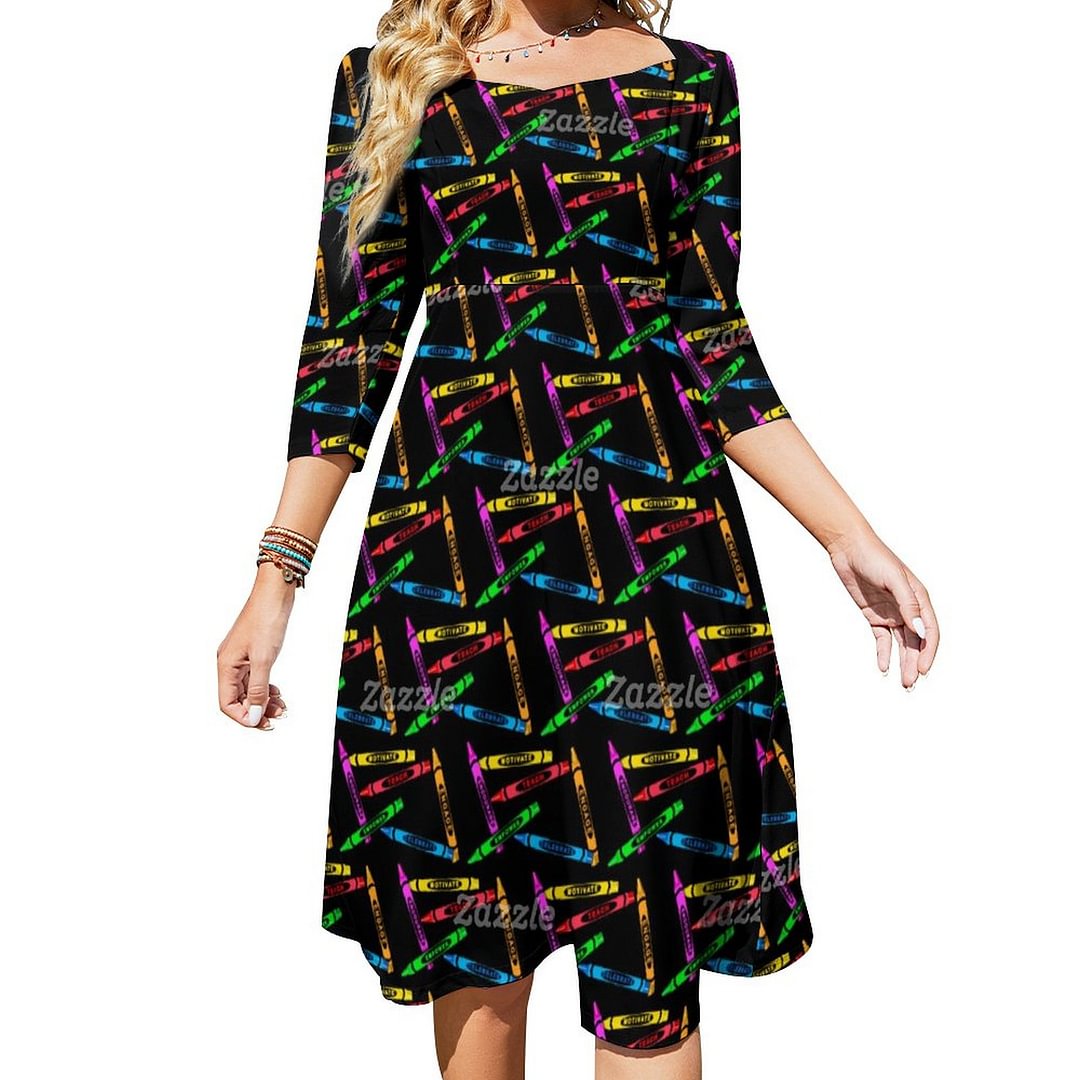 Colorful Motivational Crayon Pattern Dress Sweetheart Tie Back Flared 3/4 Sleeve Midi Dresses