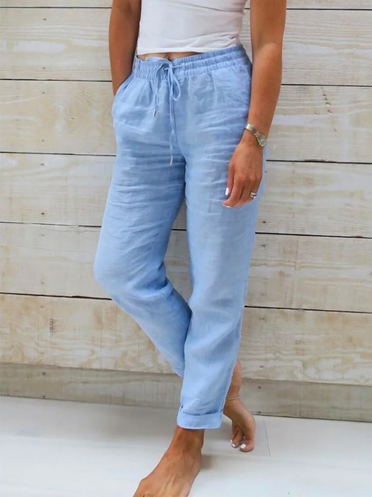VChics Solid Color Elasticated Waist Casual Pants