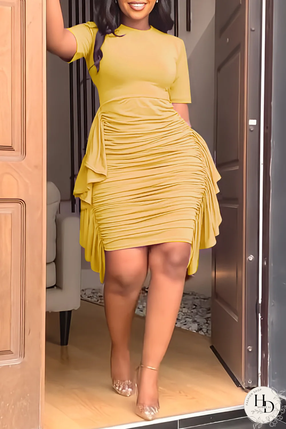 Sky Blue Fashion Solid Flounce Fold O Neck Pencil Skirt Dresses