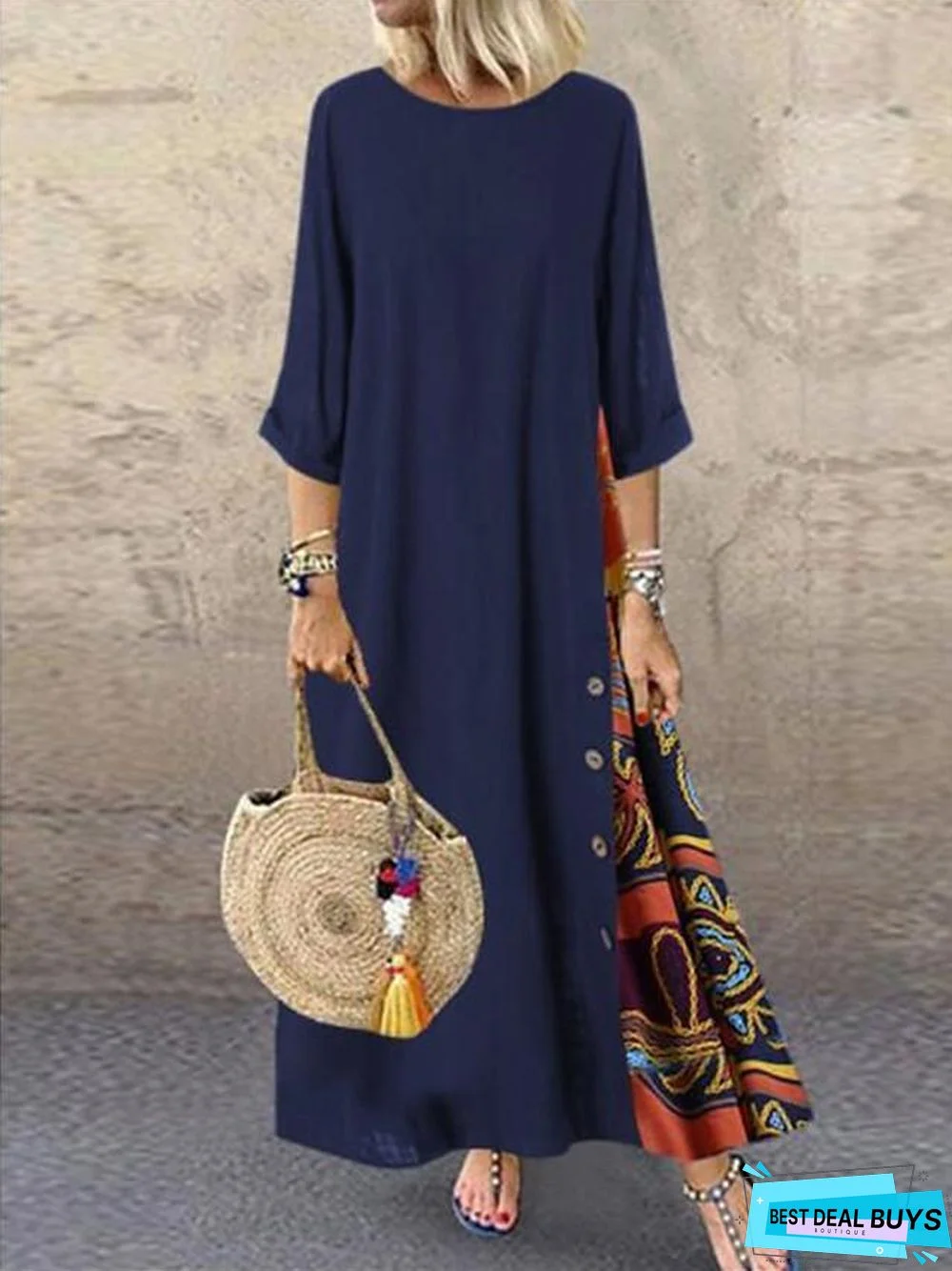 Women's Swing Dress Maxi Long Dress - 3/4 Length Sleeve Print Spring & Summer Hot Casual Holiday Vacation Dresses Loose Red Yellow Wine Army Green Navy Blue Gray L