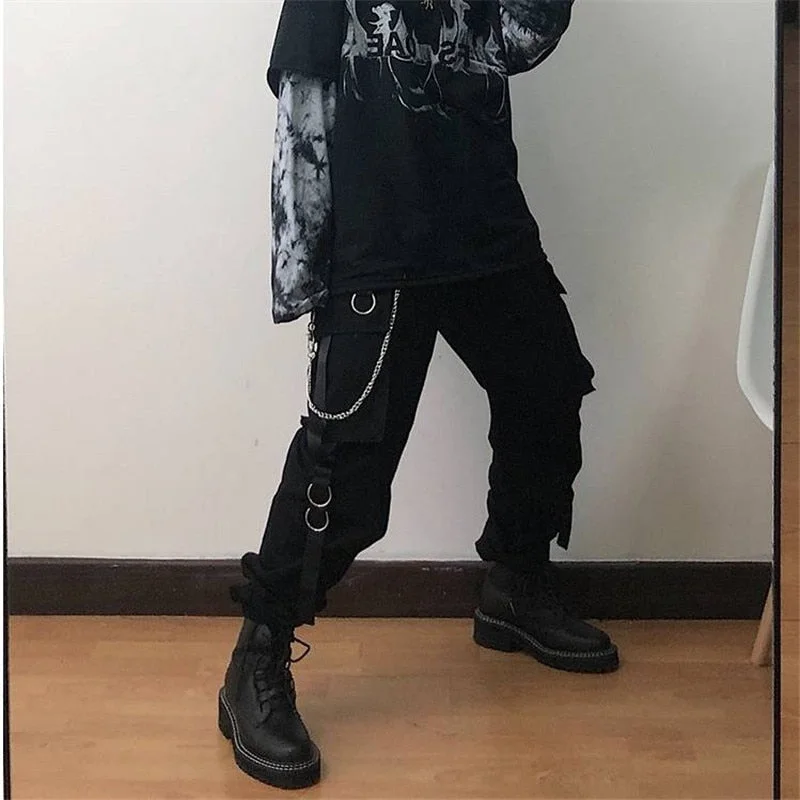 Black Harajuku Pants Streetwear Women Casual Harem Pants With Chain Solid Rock Fashion High Street Hip Hop Long Trousers Capris