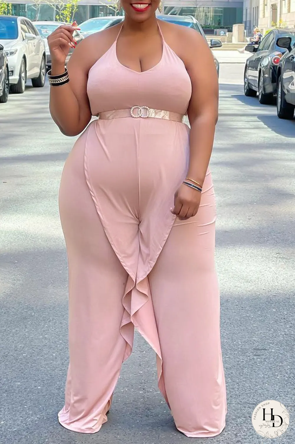 Blue Casual Solid Split Joint Halter Plus Size Jumpsuits