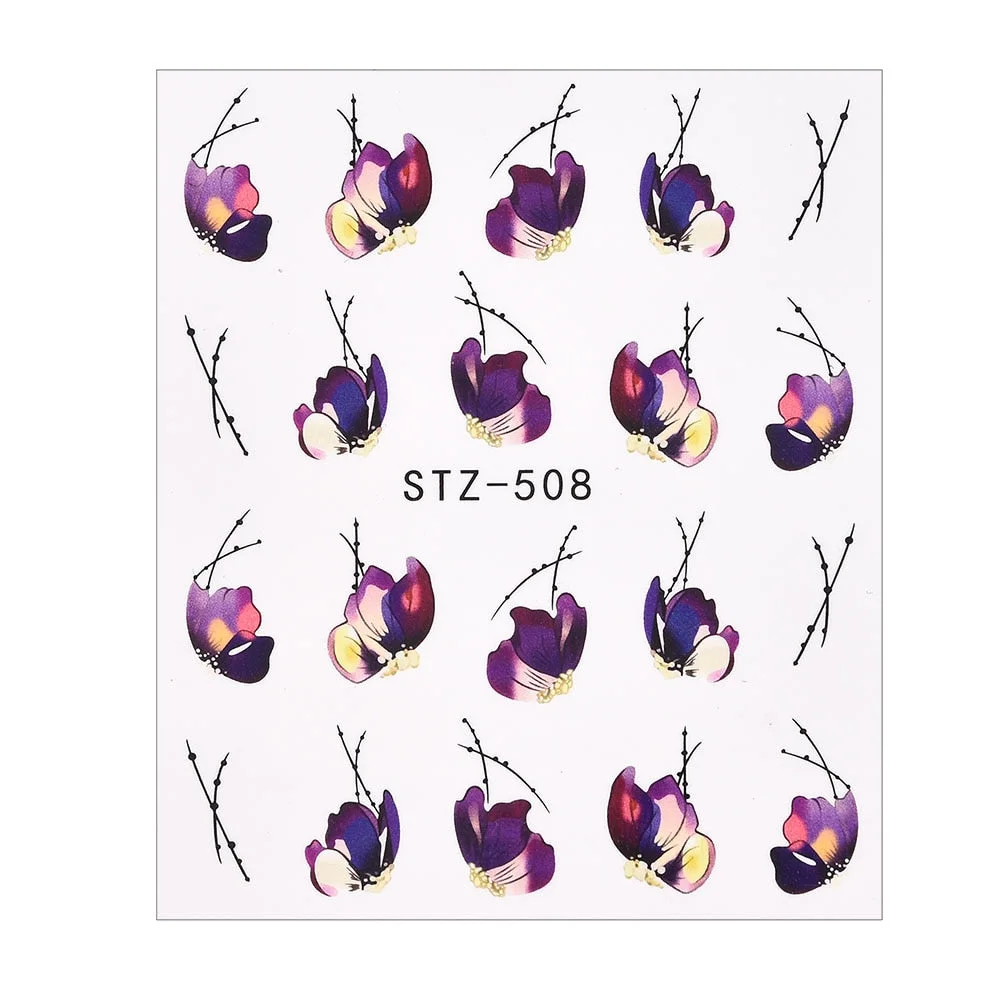 1/4 Pcs Flower Nail Stickers Purple Black Water Decals for Nails Flower Line Watercolor Spring Manicure Decor Nail Slider Wraps