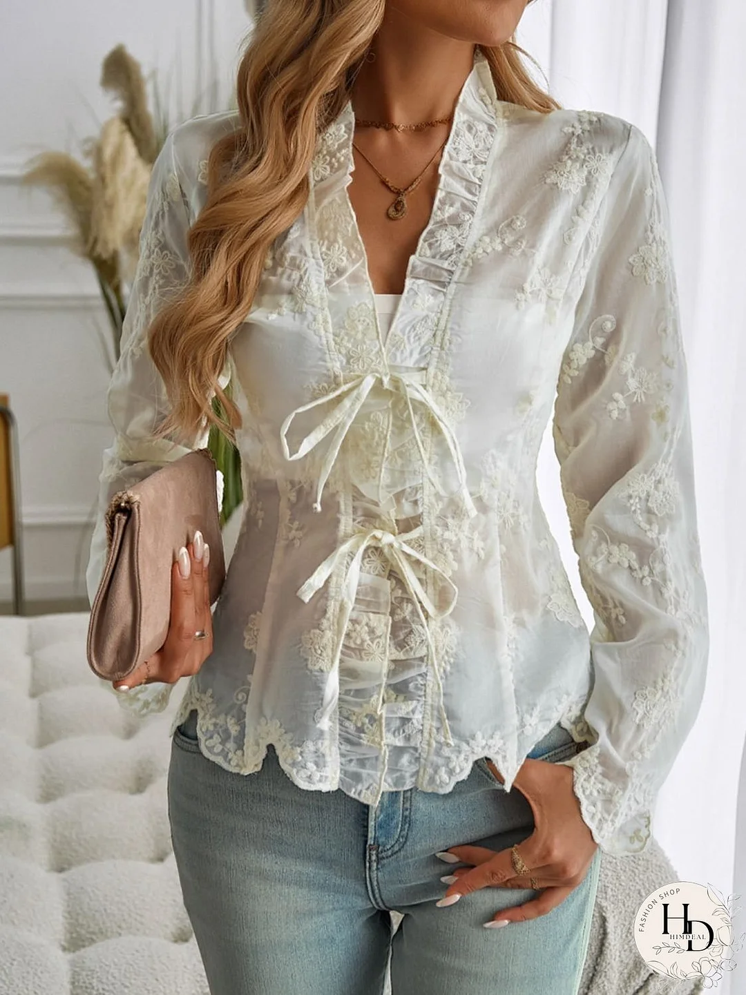 Devine Tied Frill V-Neck Long Sleeve Lace Top