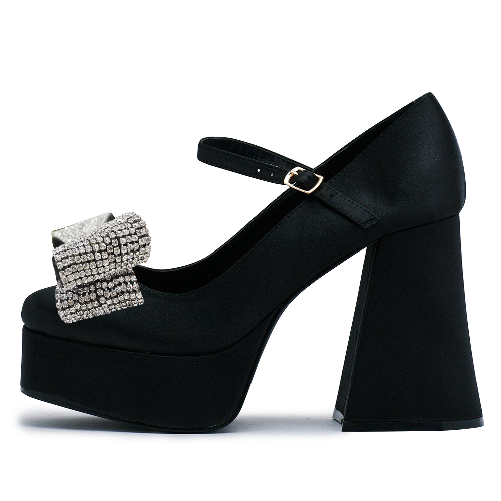 Black Satin Rhinestone Bow Decor Buckle Strap Platform Pumps Nicepairs