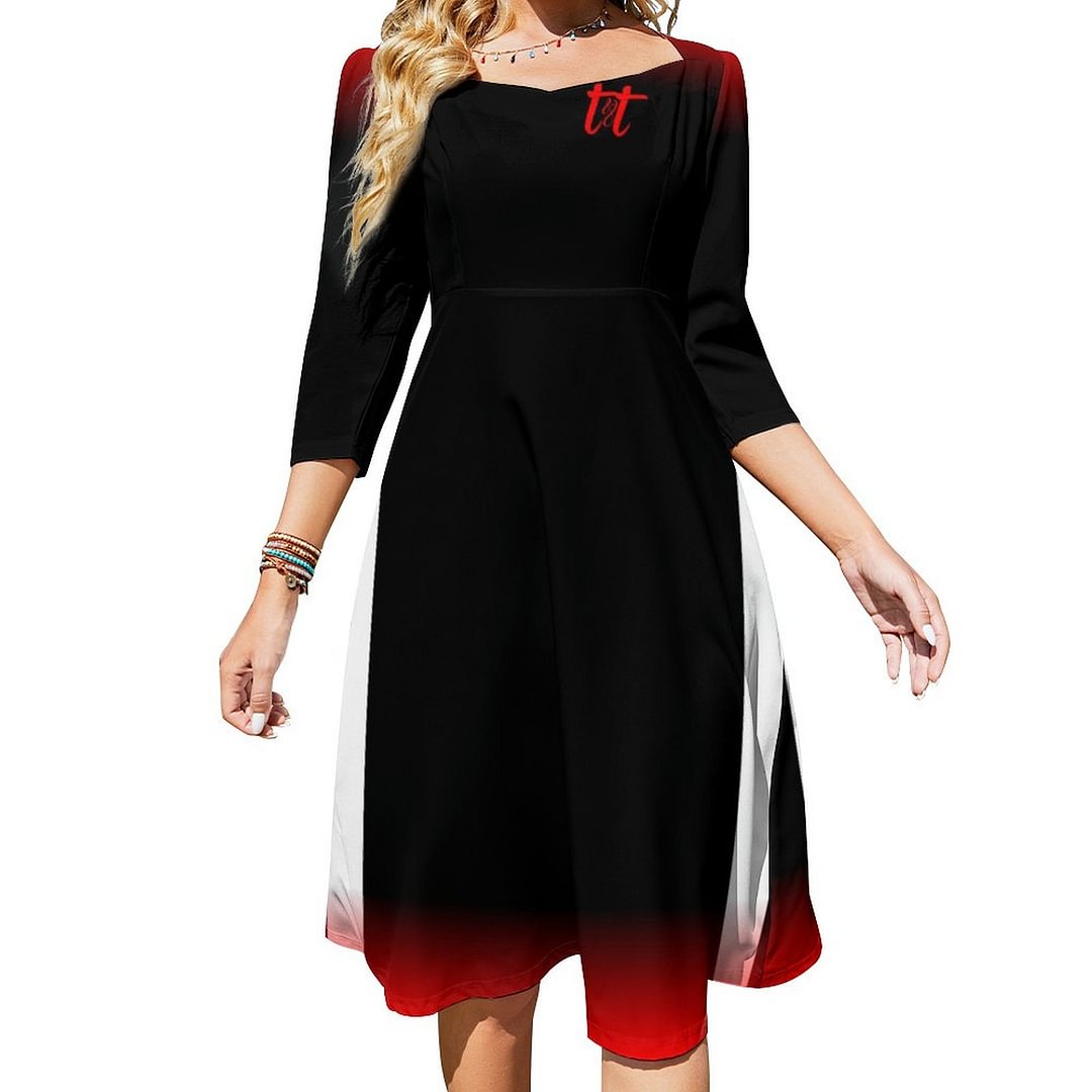 Simple White Stripe On Black With Red And T T Text Dress Sweetheart Tie Back Flared 3/4 Sleeve Midi Dresses