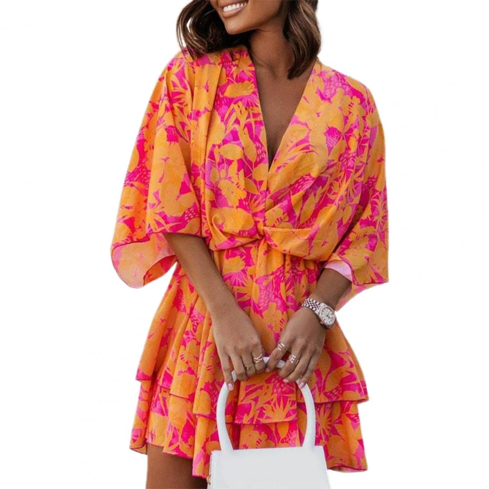 Fashion Dot Print Beach Mini Dresses vestido V-Neck Batwing Half Sleeve Layer Ruffle Hem High-Waist Drawstring Summer Dress robe