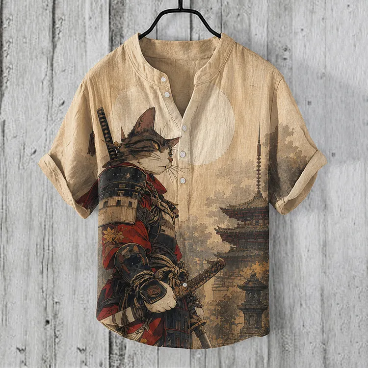 Men's Vintage Japanese Art Samurai Cat Print Casual Henley Collar Shirt