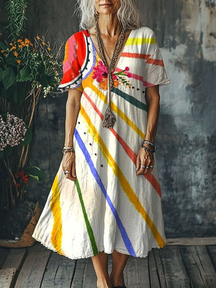 Women's Boho Vintage Art Print Pocket Cotton Dress
