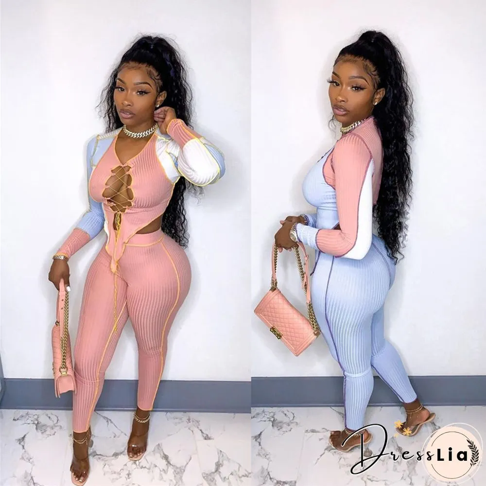 Knit Ribbed Piece Outfits For Women Matching Sets Irregular Crop Top And Pants Leggings