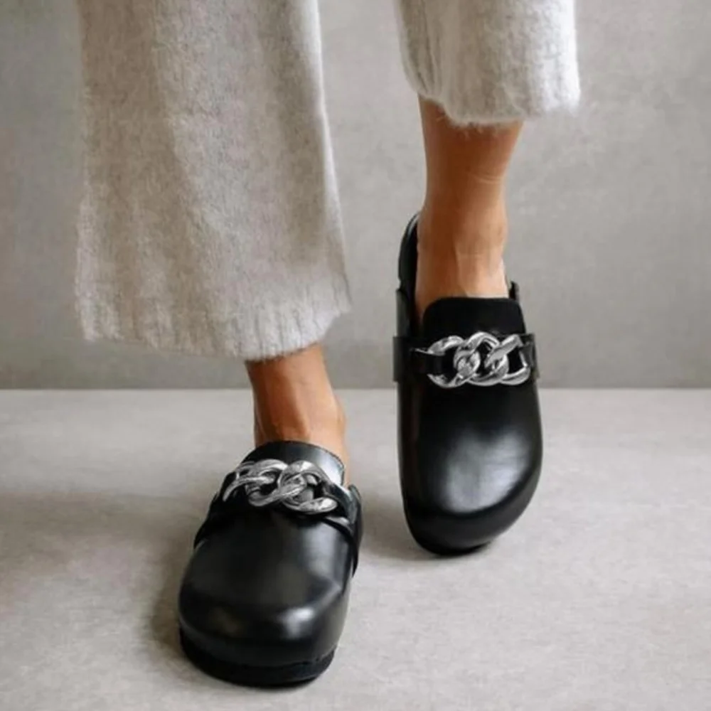 Black Round Toe Leather Slippers With Chain Decor Mules Nicepairs