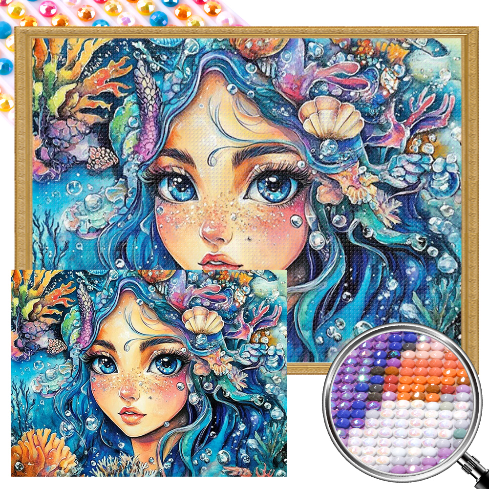 Blue-Haired Ocean Girl 40*30cm(picture) full round drill diamond painting with 3 to 5 colors of AB drills