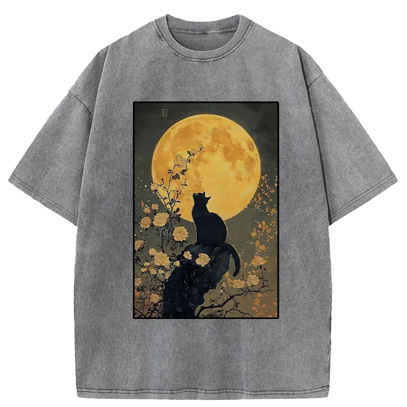 Cat In The Moonlight Washed T-shirt elevenforest