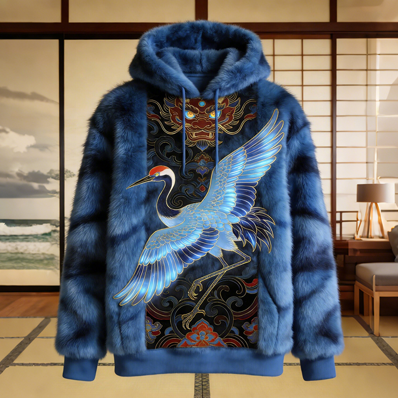 Men's Crane Dragon Art Print Casual Flannel Hoodie  artssus