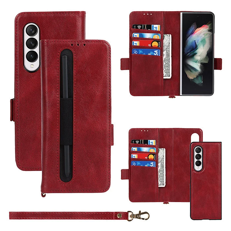 Suitable For Samsung ZFold3 Crazy Horse Pattern Buckle Lanyard With Pen Bag Two-In-One Mobile Phone Case
