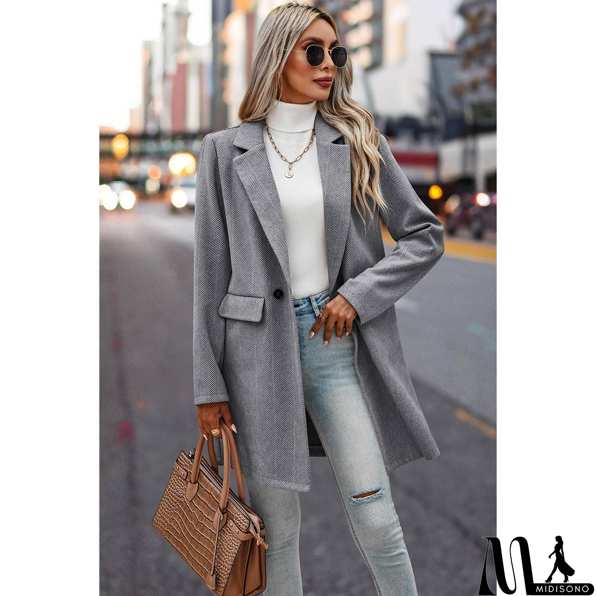 MidiSono - Button Front Open Solid Pockets Fit Blazer