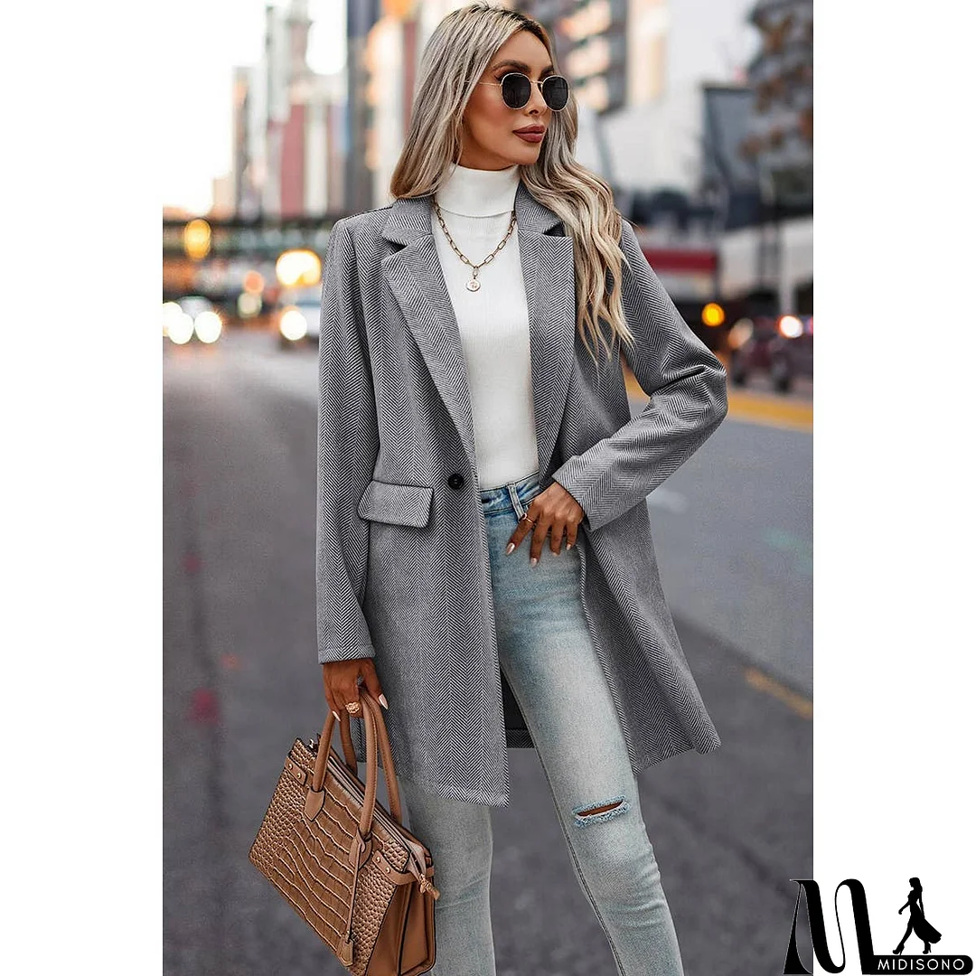 MidiSono - Button Front Open Solid Pockets Fit Blazer