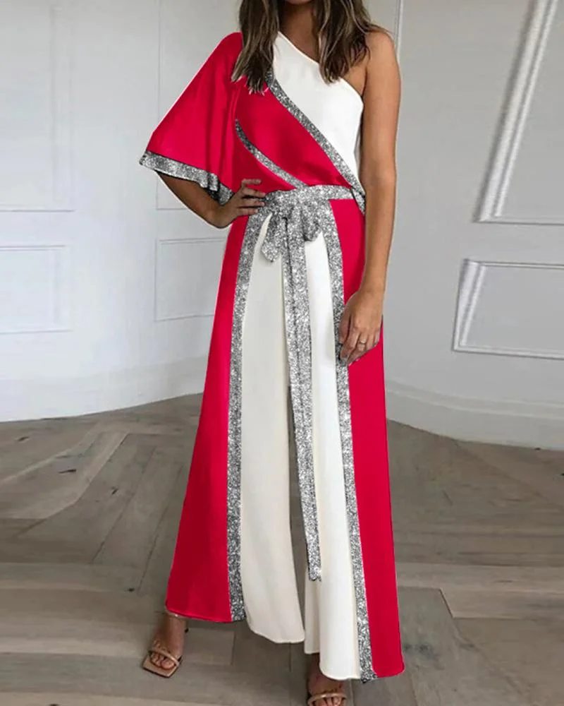 Fashionable Solid Color Diagonal Neck One-piece Wide Leg Pants