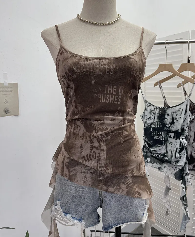 Brownm Solid Shooting Wasteland Style Personality Letter Tie-Dye Printing Mesh Sling Sling Babes Irregular Tuxedo Small Vest 9965