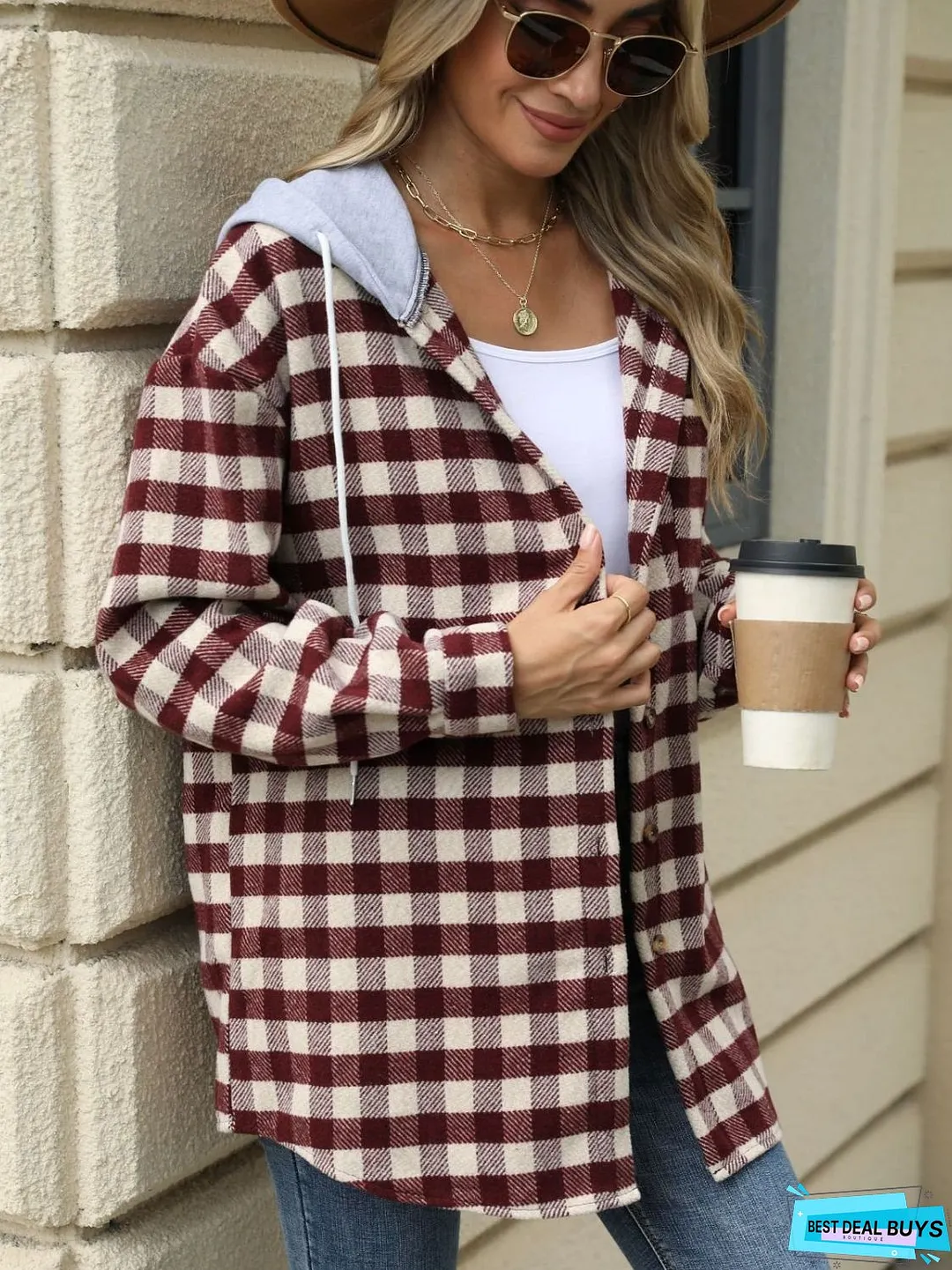 Drawstring Plaid Long Sleeve Hooded Jacket