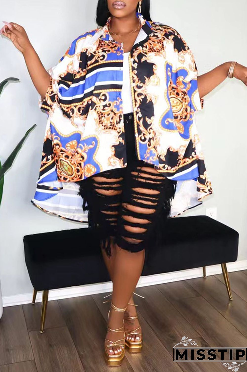 Gold Casual Print Patchwork Buckle Turndown Collar Tops