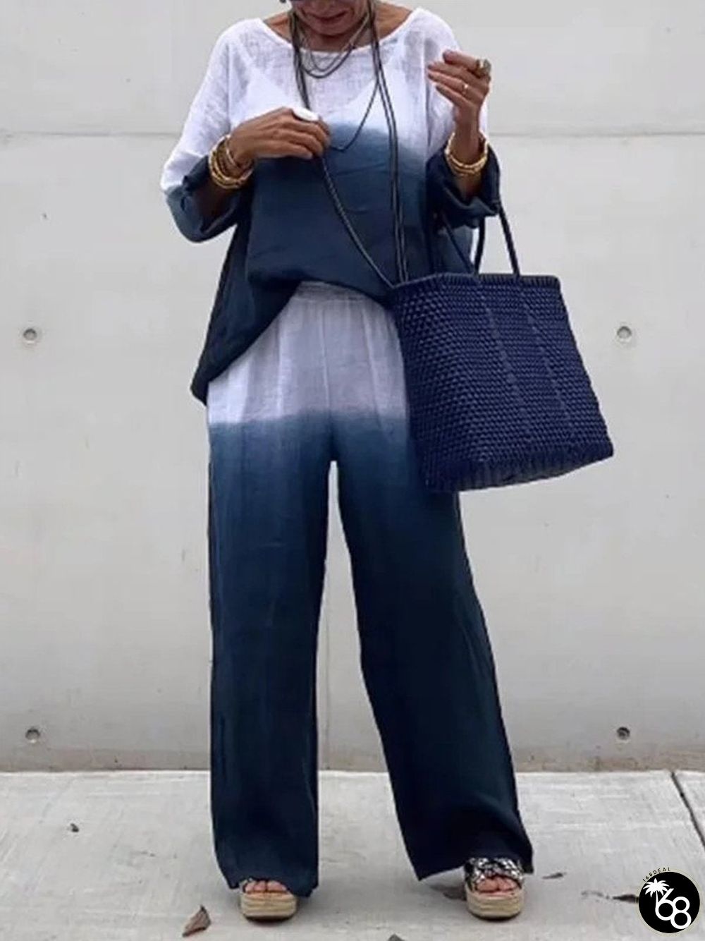 Women's Gradient Casual Cotton And Linen Two-piece Set | 168DEAL