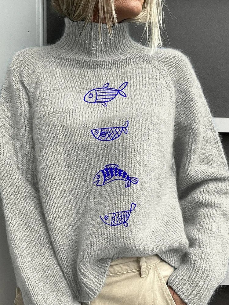 Petite Sea Fish Graphic Printed Knit Turtleneck Pullover Sweater