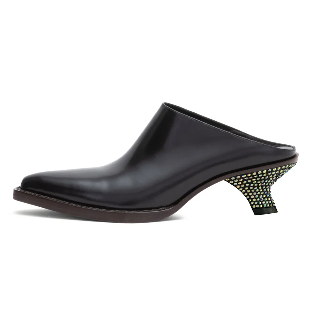 YDN Black Pointed Toe Rhinestone Sculptural Heel Mules for Women