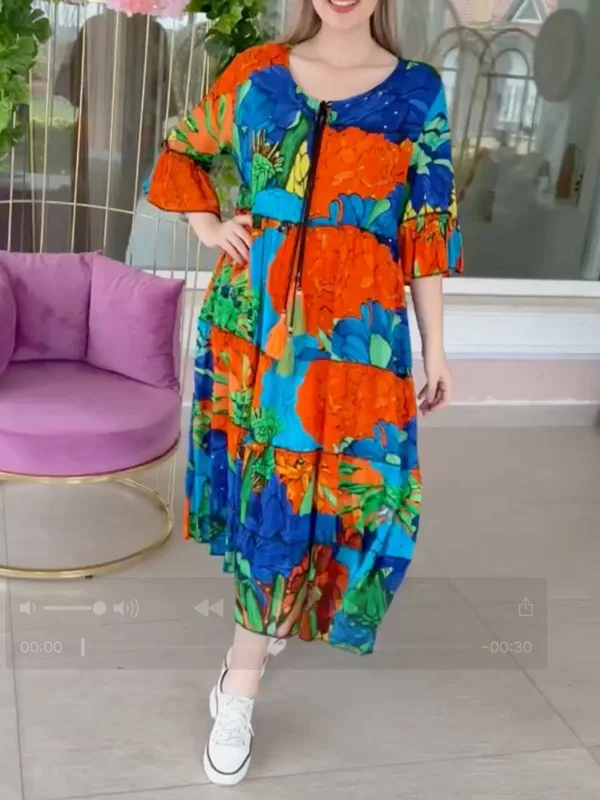 Color-Block Tiered A-Line Half Sleeves Round-Neck Maxi Dresses