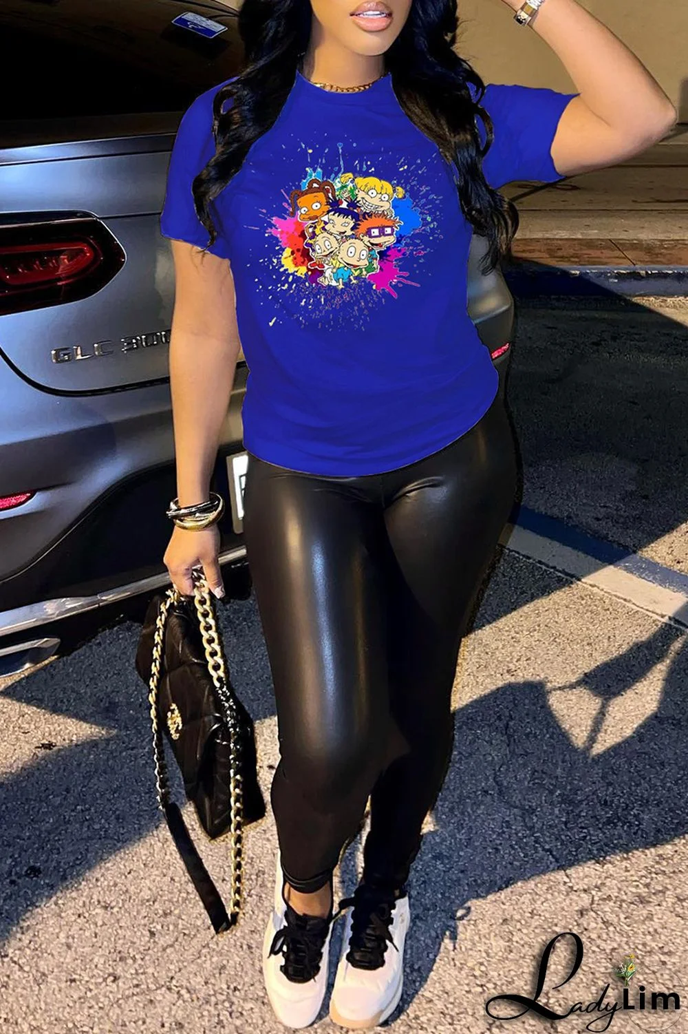 Pink Fashion Casual Cartoon Print Basic O Neck T-Shirts