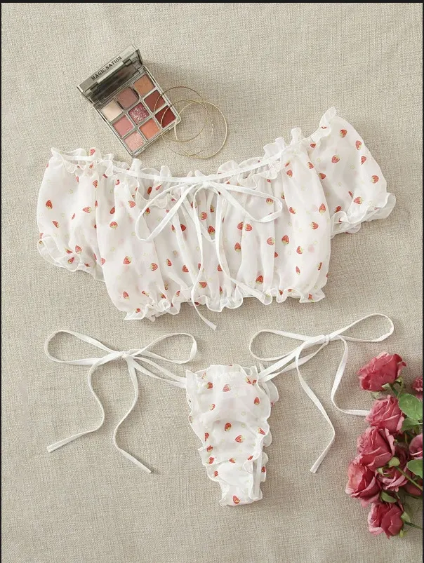 Churchf Sex Lingerie Sexy Women's Side-Swear Tective Yarn Printed Lingerie Set