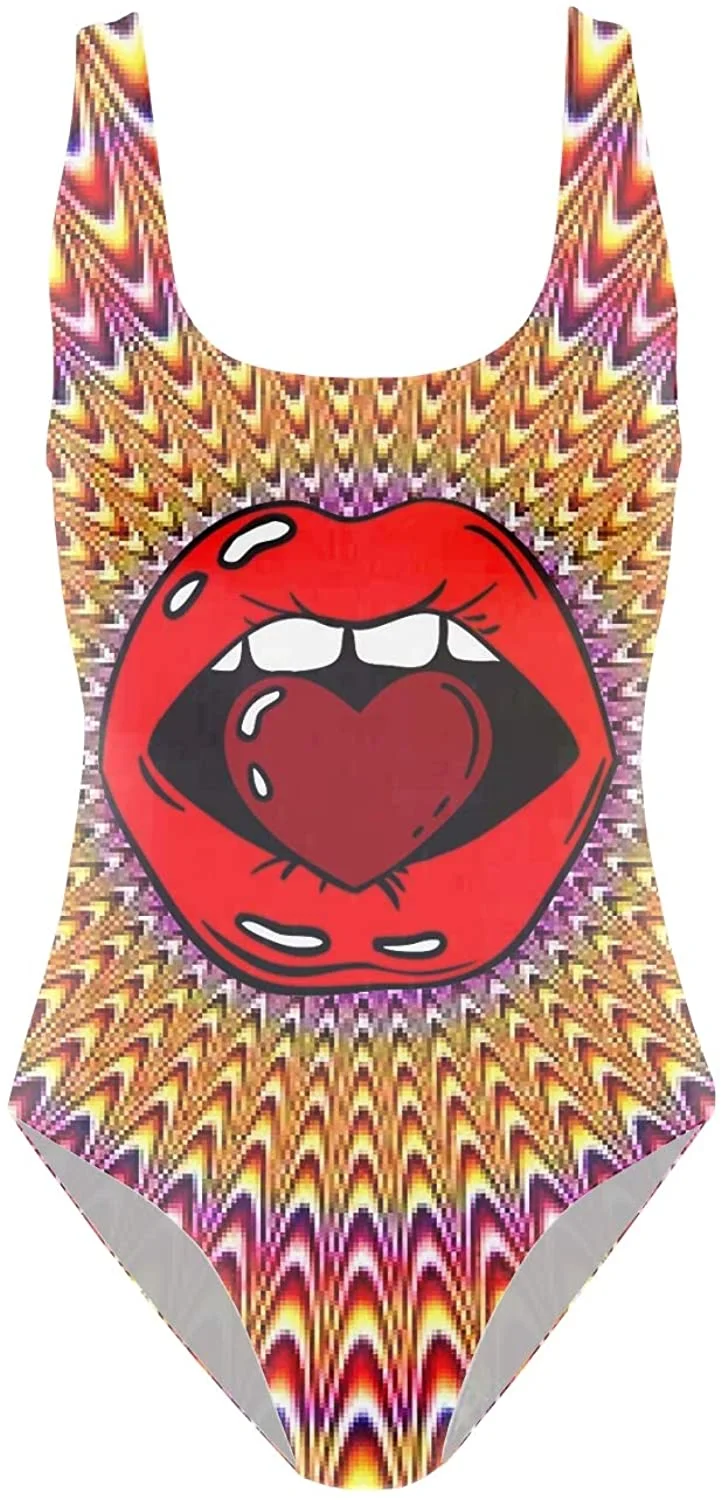 Women's One Piece Bathing Suit Swimming Costume Padded Swimsuit Trippy Hippie Heart Lip