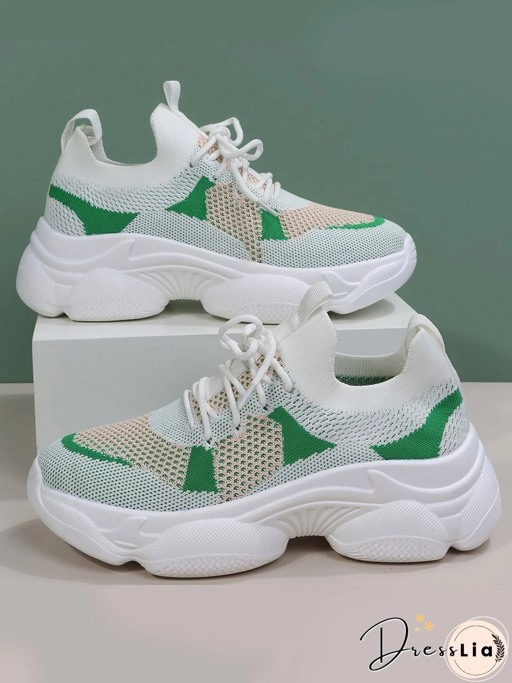 Contrast Flyknit Breathable Mesh Platform Lace-Up Sneakers