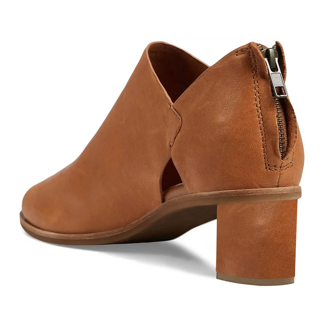 Tan Peep Toe Block Heel Cut-Out Ankle Boots with Back Zipper