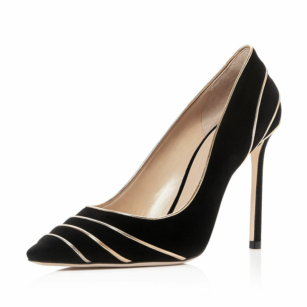 Black Faux Suede Pointed Toe Stiletto Heel Elegant Gold Stripe Pumps Nicepairs